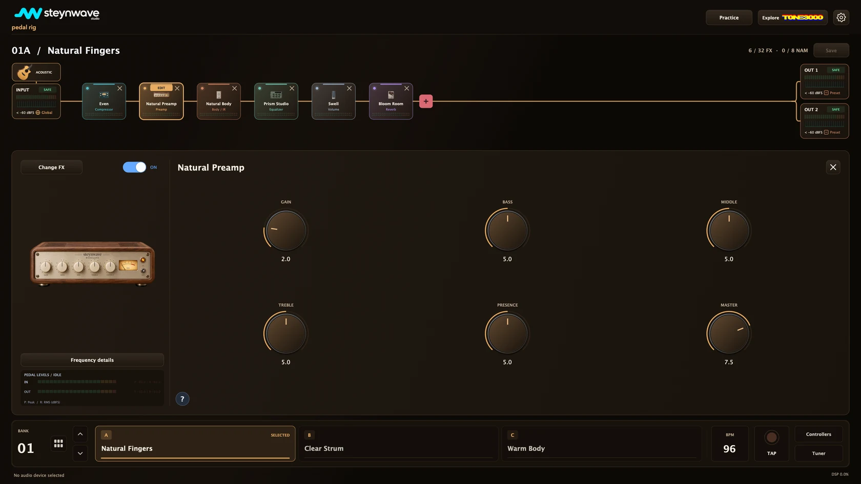 steynwave Acoustic Rig: visual effect chain, input and output meters, effect controls and preset banks