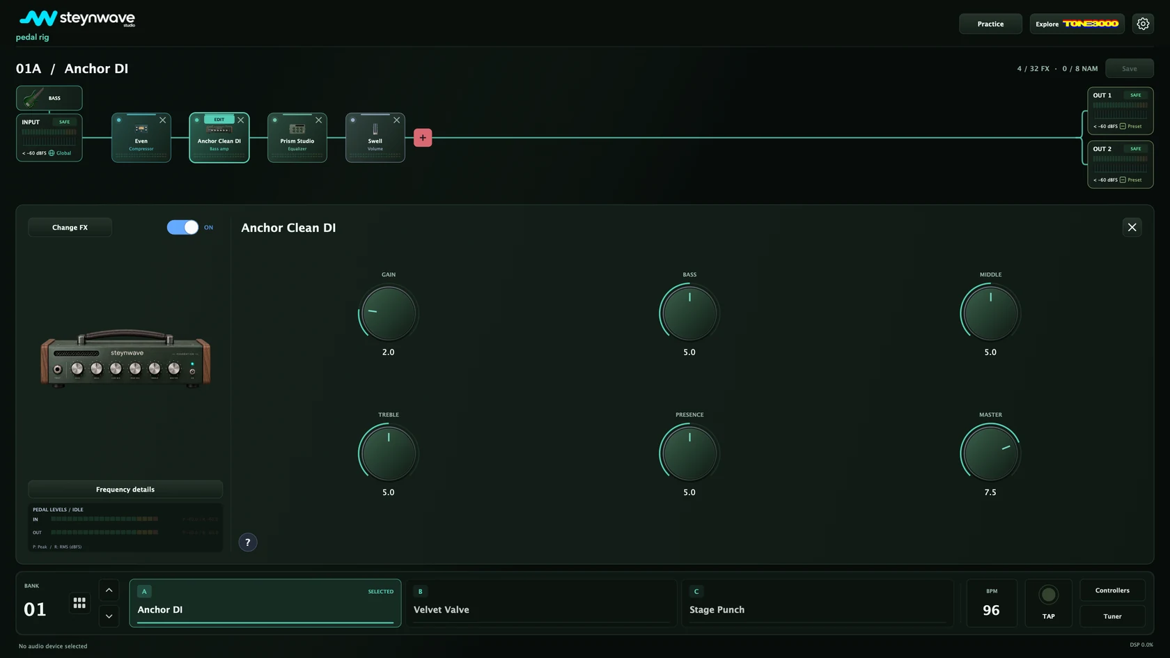 steynwave Bass Rig: visual effect chain, input and output meters, effect controls and preset banks