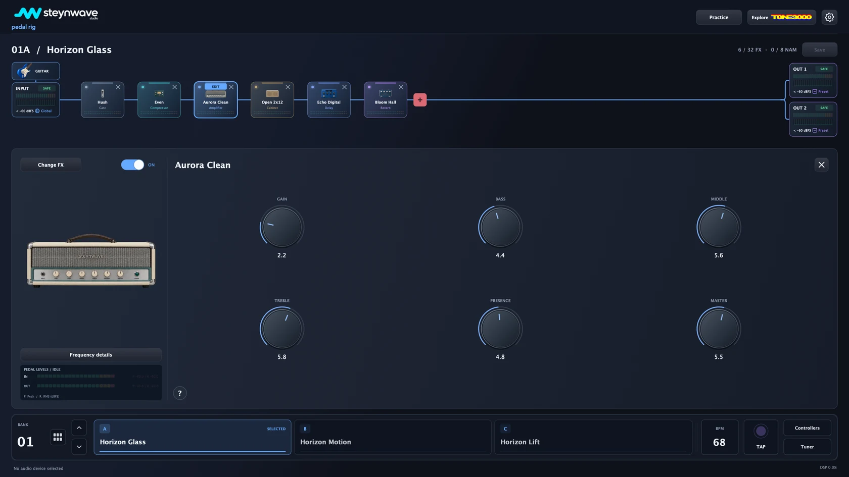 steynwave Guitar Rig: visual effect chain, input and output meters, effect controls and preset banks