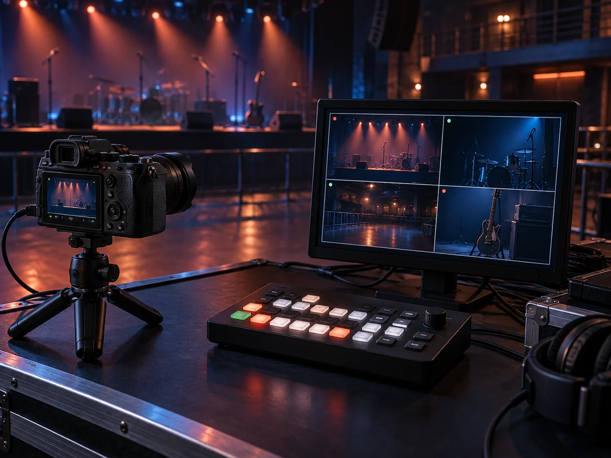 A camera and video production desk in an illustrative broadcast workspace