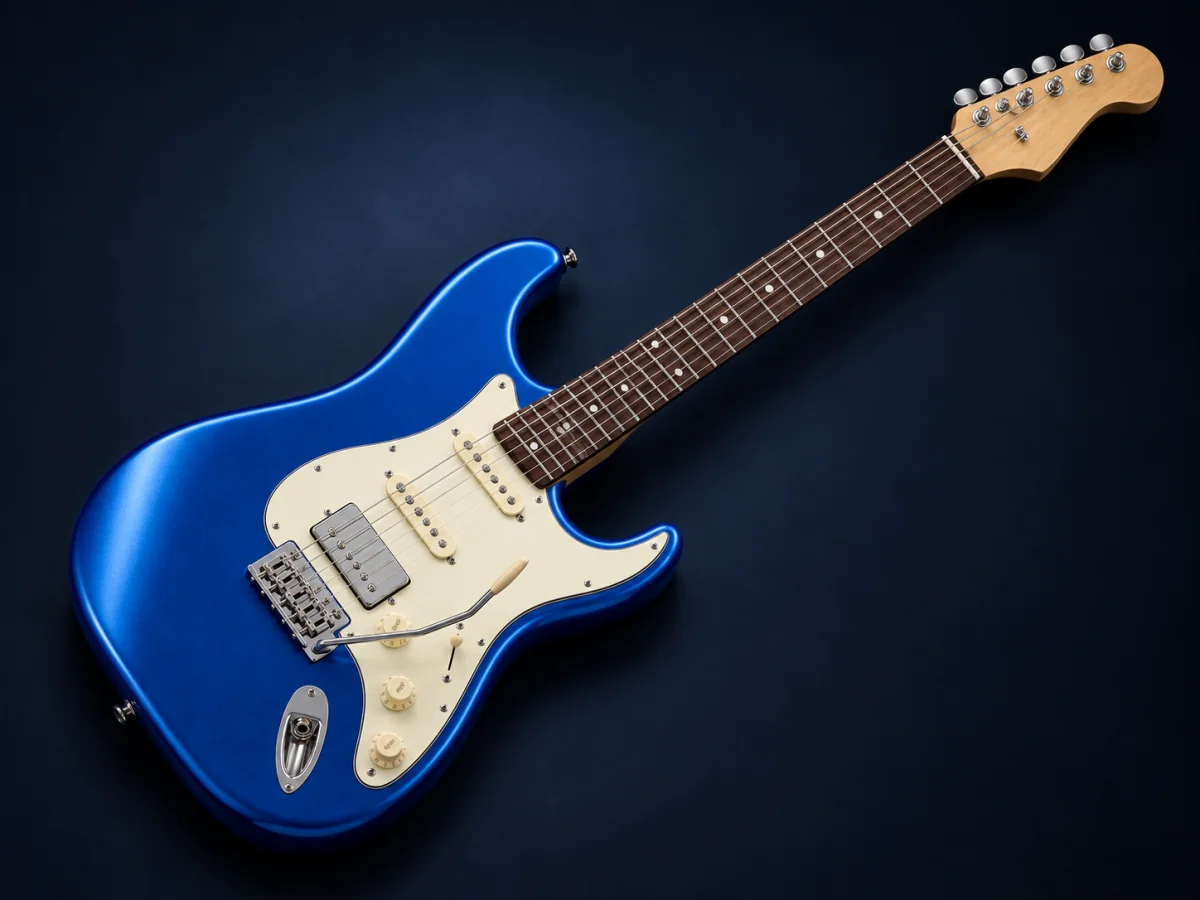 Blue HSS Stratocaster-style electric guitar in a dedicated midnight-blue studio illustration