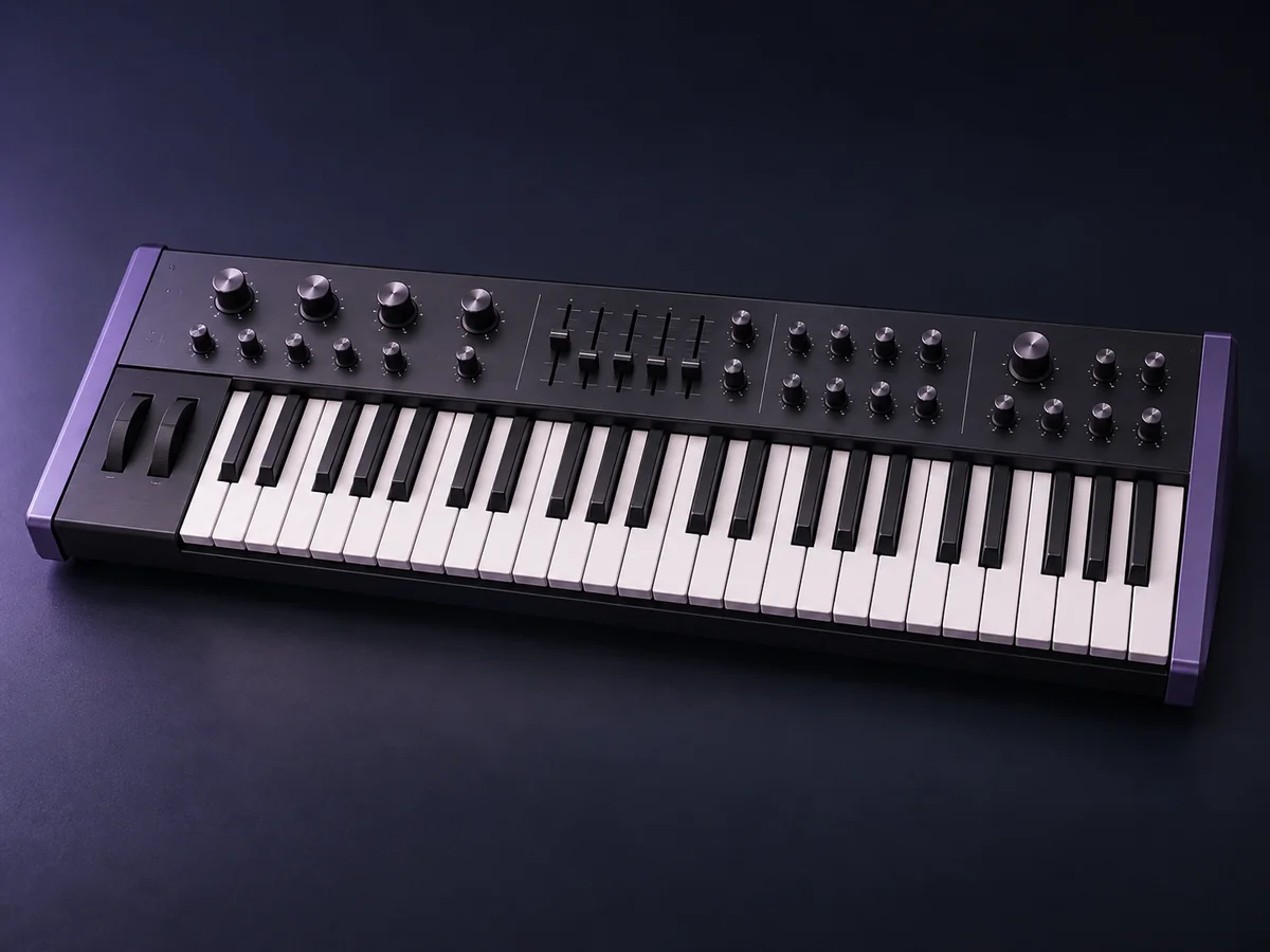 A performance keyboard and synthesizer under soft lavender studio lighting
