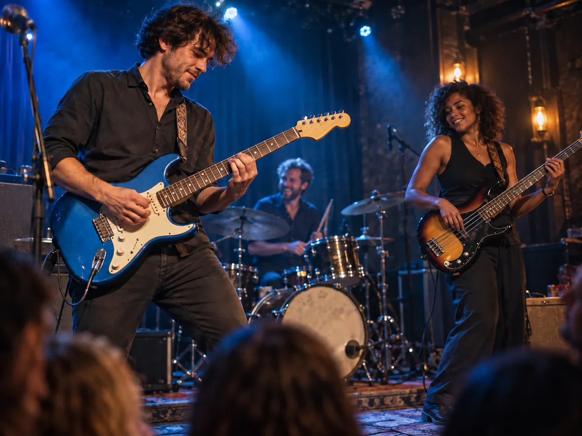 A band performing together under concert stage lights