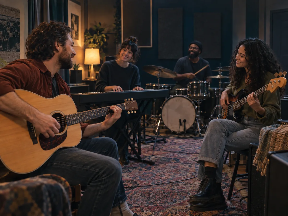 Musicians working on an arrangement together in a rehearsal studio