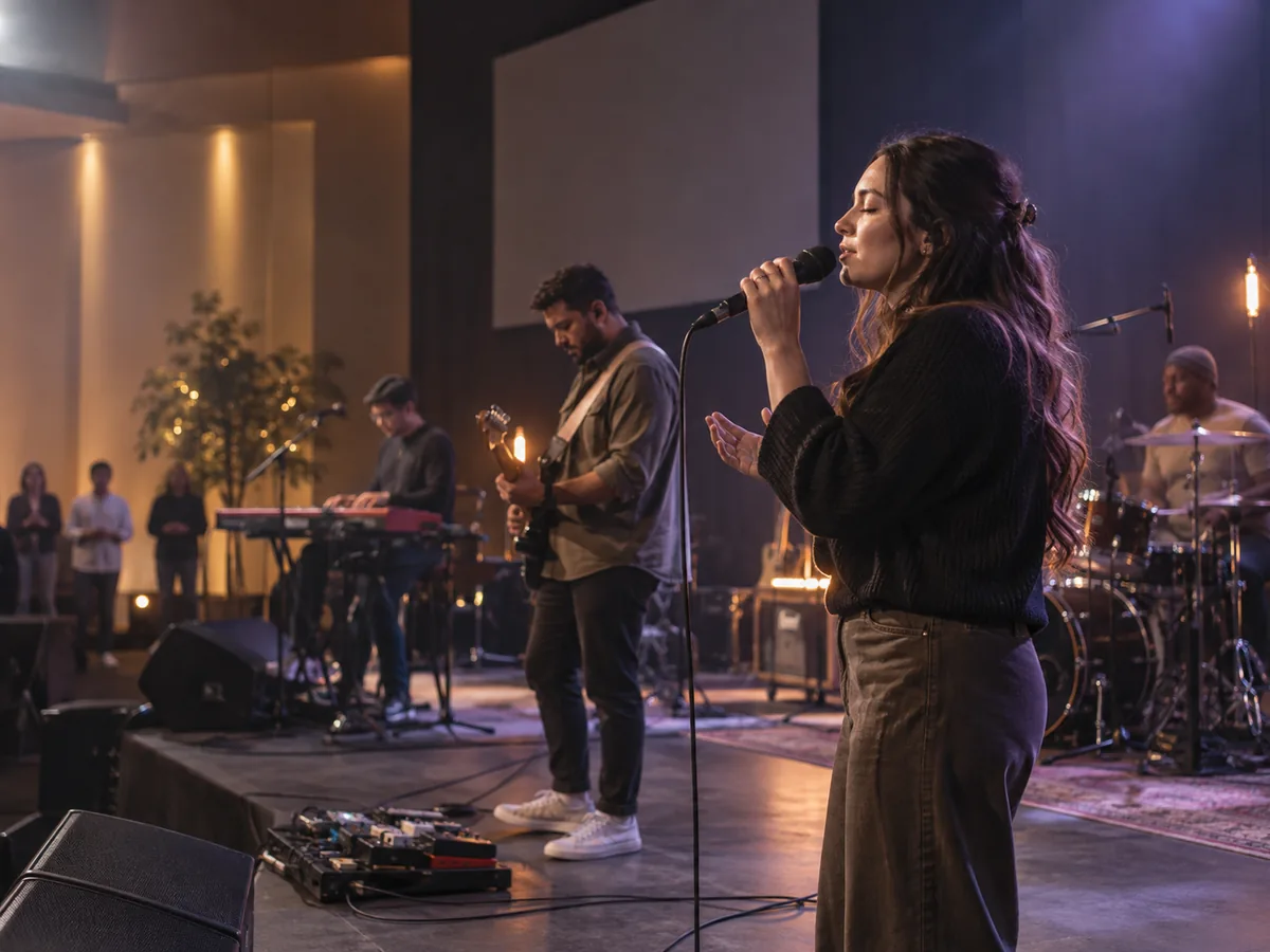 A contemporary worship band leading music together on a church stage